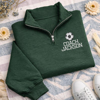 Soccer Coach Embroidered Quarter Zip Sweatshirt, Personalized Team Name Pullover, Custom Soccer Coach Gift, Sports Coach Apparel