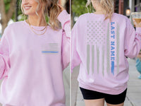 Custom Last Name American Flag Shirt, Thin Blue Line Flag Shirt, Personalized Police Flag Tee, Patriotic Family Shirt, Front Back
