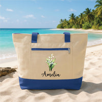 Custom Birth Month Flower Tote Bag with Zipper, Personalized Floral Canvas Bag, Botanical Birthday Gift for Women, Travel Beach Tote