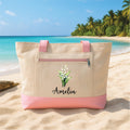 Custom Birth Month Flower Tote Bag with Zipper, Personalized Floral Canvas Bag, Botanical Birthday Gift for Women, Travel Beach Tote