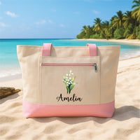 Custom Birth Month Flower Tote Bag with Zipper, Personalized Floral Canvas Bag, Botanical Birthday Gift for Women, Travel Beach Tote