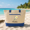 Custom Birth Month Flower Tote Bag with Zipper, Personalized Floral Canvas Bag, Botanical Birthday Gift for Women, Travel Beach Tote