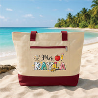 Personalized Teacher Tote Bag with Zipper, Custom Teacher Name Canvas Bag, Back to School Teacher Gift, Appreciation Thank You Tote