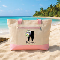 Personalized Dentist Tote Bag with Zipper, Custom Name Tooth Floral Canvas Bag, Dentist Graduation Gift for Women, Dental Hygienist Gift
