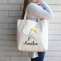 Personalized Birth Flower Tote Bag, Custom Name Floral Tote Bag, Birthday Month Flower, Birth Flower Gift for Her, Aesthetic Floral Tote