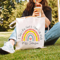 It Takes a Big Heart Tote Bag, Personalized Teacher Tote Bag, Custom Name Teacher Gift, Teacher Appreciation Gift, Rainbow Teacher Tote Bag
