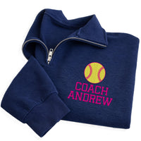 Softball Coach Embroidered Quarter Zip Sweatshirt, Custom Name Coach Pullover, Personalized Softball Team Coach Gift Apparel