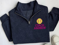 Softball Coach Embroidered Quarter Zip Sweatshirt, Custom Name Coach Pullover, Personalized Softball Team Coach Gift Apparel