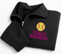 Softball Coach Embroidered Quarter Zip Sweatshirt, Custom Name Coach Pullover, Personalized Softball Team Coach Gift Apparel
