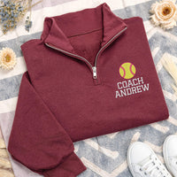 Softball Coach Embroidered Quarter Zip Sweatshirt, Custom Name Coach Pullover, Personalized Softball Team Coach Gift Apparel