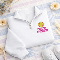 Softball Coach Embroidered Quarter Zip Sweatshirt, Custom Name Coach Pullover, Personalized Softball Team Coach Gift Apparel
