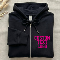 Custom Text Logo Embroidered Zip Up Hoodie, Personalized Team Name Hoodie, Custom Business Logo Jacket, Workwear Gift Men Women