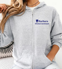 Personalized Dental Assistant Embroidered Zip Up Hoodie, Custom Name Tooth Logo Hoodie, Dental Office Workwear Gift for Women Staff