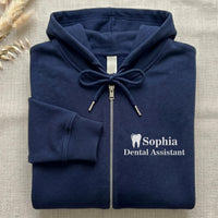 Personalized Dental Assistant Embroidered Zip Up Hoodie, Custom Name Tooth Logo Hoodie, Dental Office Workwear Gift for Women Staff