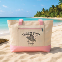 Personalized Girls Trip Tote Bag with Zipper, Custom Bachelorette Canvas Bag, Bridesmaid Gift Beach Vacation Las Vegas Travel Tote