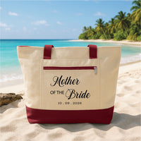 Mother of the Bride Tote Bag with Zipper, Personalized Wedding Canvas Bag, Custom Date Bridal Gift, Mother Wedding Day Beach Tote