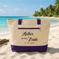 Mother of the Bride Tote Bag with Zipper, Personalized Wedding Canvas Bag, Custom Date Bridal Gift, Mother Wedding Day Beach Tote