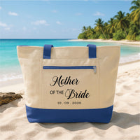 Mother of the Bride Tote Bag with Zipper, Personalized Wedding Canvas Bag, Custom Date Bridal Gift, Mother Wedding Day Beach Tote