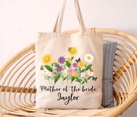 Mother of the Bride Tote Bag, Personalized Wedding Tote Bag, Custom Name Bridal Party Gift, Floral Wedding Gift for Mom, Wedding Day Tote