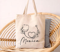 Personalized Nurse Tote Bag, Custom Name Nurse Bag, Stethoscope Floral Tote Bag, Nurse Gift Idea, Healthcare Worker Gift, Medical Tote Bag