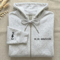 Roman Numeral Date Embroidered Zip Up Hoodie, Custom Zipper Hoodie with Sleeve Initial, Personalized Anniversary Gift for Couples