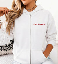 Roman Numeral Date Embroidered Zip Up Hoodie, Custom Zipper Hoodie with Sleeve Initial, Personalized Anniversary Gift for Couples