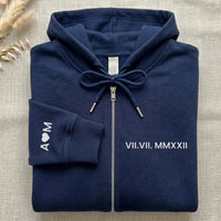 Roman Numeral Date Embroidered Zip Up Hoodie, Custom Zipper Hoodie with Sleeve Initial, Personalized Anniversary Gift for Couples