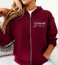 Personalized Nurse Embroidered Zipper Hoodie, Custom RN Name Heartbeat Zip Up Hoodie, Nursing Gift for BSN, LPN, Cna, Aprn Students Women