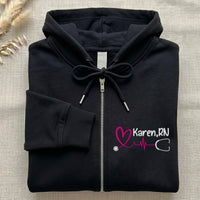 Personalized Nurse Embroidered Zipper Hoodie, Custom RN Name Heartbeat Zip Up Hoodie, Nursing Gift for BSN, LPN, Cna, Aprn Students Women