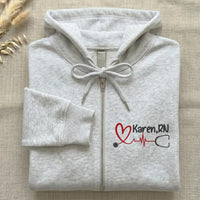 Personalized Nurse Embroidered Zipper Hoodie, Custom RN Name Heartbeat Zip Up Hoodie, Nursing Gift for BSN, LPN, Cna, Aprn Students Women