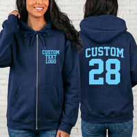 Custom Text Logo Zipper Hoodie, Personalized Team Name Number Hoodie, Custom Front Back Design Hoodie for Men Women Gift