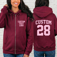Custom Text Logo Zipper Hoodie, Personalized Team Name Number Hoodie, Custom Front Back Design Hoodie for Men Women Gift