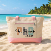 PhD Graduation Tote Bag with Zipper, Personalized Doctor Gift, Custom Name Grad Tote, PhD Est 2026 Gift, Doctor Graduation Gift Idea