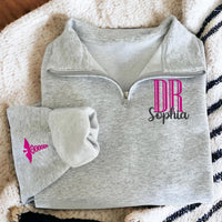 Doctor Embroidered Quarter Zip Sweatshirt, Custom Name DR Pullover, Personalized Doctor Graduation Gift, Medical School Zip Sweater
