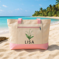 Birth Flower Personalized Tote Bag with Zipper, Custom Name Canvas Bag, Floral Birthday Gift for Her, Month Flower Gift Idea