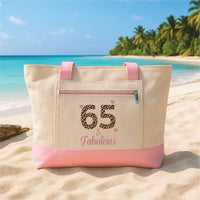 65th Birthday Tote Bag with Zipper, 65 and Fabulous Gift, Funny 65th Birthday Gift for Women, Personalized Birthday Party Tote Bag