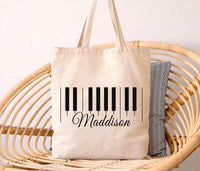 Personalized Piano Tote Bag, Custom Name Music Bag, Piano Lover Gift, Music Teacher Gift, Keyboard Design Tote, Musician Gift Bag