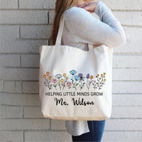Helping Little Minds Grow Tote Bag, Personalized Teacher Tote Bag, Custom Name Teacher Gift, Teacher Appreciation Gift, Floral Teacher Bag