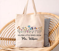 Helping Little Minds Grow Tote Bag, Personalized Teacher Tote Bag, Custom Name Teacher Gift, Teacher Appreciation Gift, Floral Teacher Bag
