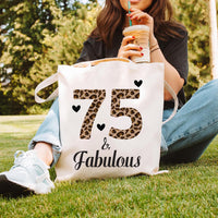 75 & Fabulous Tote Bag, Birthday Tote Bag, 75th Birthday Gift for Her, Leopard Print Birthday Bag, Milestone Birthday Gift, Party Gift Tote