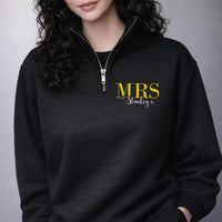 Mrs Embroidered Quarter Zip Sweatshirt, Personalized Bride Name Pullover, Custom Wedding Date Sleeve Hoodie Gift, Bridal Shower