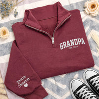 Grandpa Embroidered Quarter Zip Sweatshirt, Personalized Grandpa EST Pullover, Custom Name Sleeve Gift for Grandpa Fathers Day