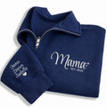 Mama Embroidered Quarter Zip Sweatshirt, Personalized Mama EST Pullover, Custom Kids Names Sleeve Gift for Mom Mothers Day