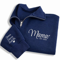 Mama Embroidered Quarter Zip Sweatshirt, Personalized Mama EST Pullover, Custom Kids Names Sleeve Gift for Mom Mothers Day