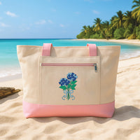 Blue Hydrangea Embroidered Zipper Tote Bag, Floral Bridesmaid Gift Bag, Bachelorette Party Tote, Summer Beach Tote Bag, Gift for Women