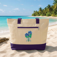 Blue Hydrangea Embroidered Zipper Tote Bag, Floral Bridesmaid Gift Bag, Bachelorette Party Tote, Summer Beach Tote Bag, Gift for Women