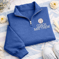 Baseball Coach Embroidered Quarter Zip Sweatshirt, Custom Name Coach Pullover, Personalized Baseball Team Coach Gift, Sports Coach
