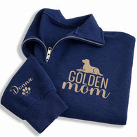 Golden Retriever Mom Embroidered Quarter Zip Sweatshirt, Custom Dog Mom Gift, Personalized Pet Name Sleeve Pullover Dog Lover Gift