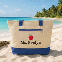 Personalized Teacher Tote Bag Zipper Tote, Custom Teacher Name Gift, Back to School Gift, Teacher Appreciation Gift, Apple Teacher Bag