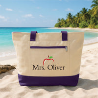 Personalized Teacher Tote Bag Zipper Tote, Custom Teacher Name Gift, Back to School Gift, Teacher Appreciation Gift, Apple Teacher Bag